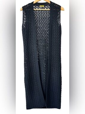 Population Sleeveless Duster Cardigan Black Open Knit Crochet Maxi Boho XS